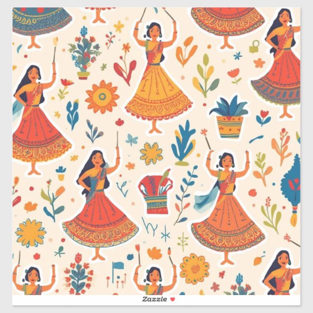Dandiya Nights Seamless Pattern - Indian Festival Aufkleber (Blatt)