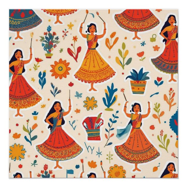 Dandiya Nights Seamless Pattern - Indian Festival Poster (Vorderseite)
