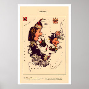 Dänemark Komische Karte Vintage Lithographie 1860e Poster
