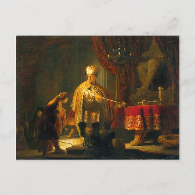 Daniel und Cyrus vor Idol Bel von Rembrandt Postkarte (Vorderseite)