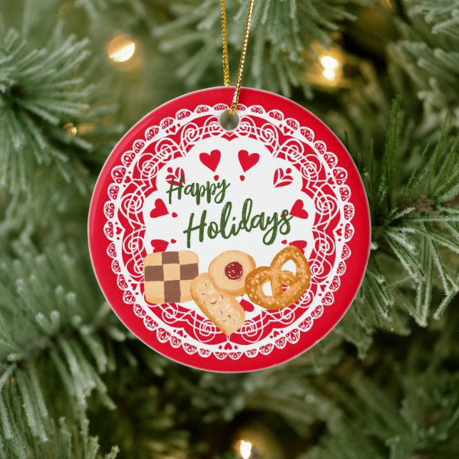 Dänische Kekse Happy Holidays Ornament rot blau (Baum)