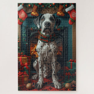 Dänischer Dogge mit Weihnachtsgeschenken Kamin