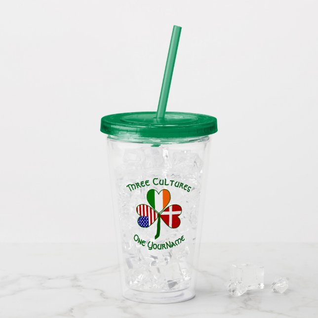 Danish Irish American Flags Kleeblatt Personalisie Acryltrinkbecher (Rückseite Ice)