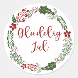 Danish Merry Christmas Wreath, Glæig jul. Runder Aufkleber