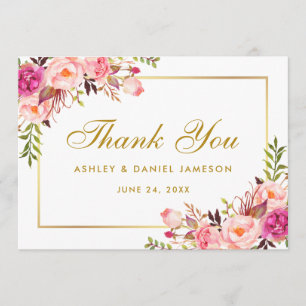 Dank der Hochzeit von Watercolor Floral Gold Pink  Dankeskarte