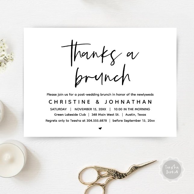 Dank einem Brunch, Post Hochzeit feiern einladend Einladung (Thanks a brunch, The Morning After, post wedding celebration invitation card, PDF, White Black)