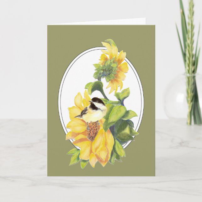 Dank Gruß Watercolor Chickadee und Sonnenblume Dankeskarte (Vorderseite)