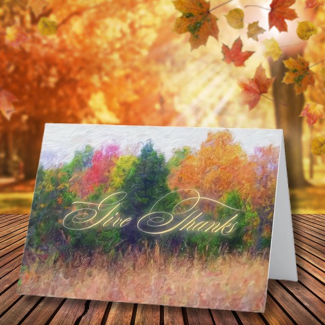 Dank Herbst Landschaft Erntedank Feiertagskarte (Elegant autumn landscape with “Give Thanks” in golden script — a timeless Thanksgiving greeting.)