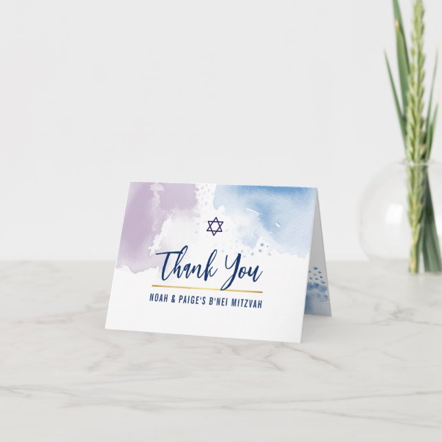 DANK IHNEN BAR MITZVAH Stern blau lila Aquarell Dankeskarte (Vorderseite)