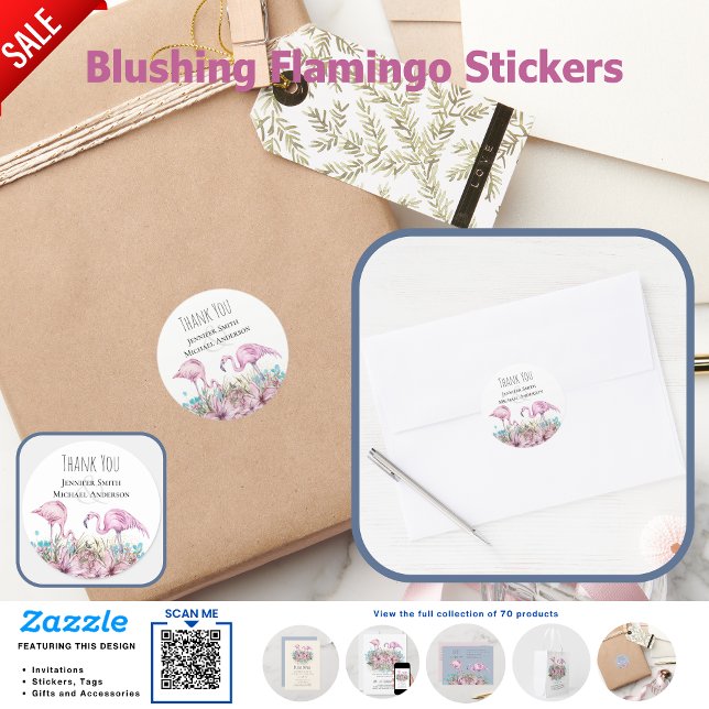 DANK IHNEN blushing Flamingo Tropical Beach Weddin Runder Aufkleber (Von Creator hochgeladen)