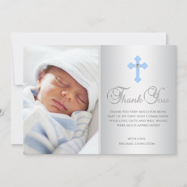 DANK IHNEN Christening Communion Cross Blue BOY Karte (Vorderseite)