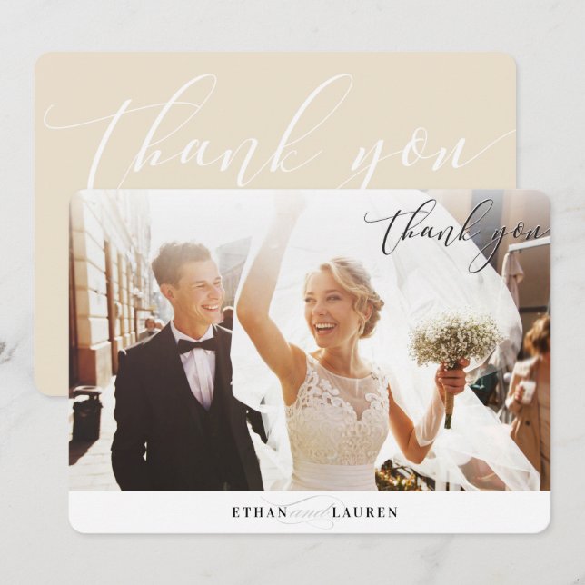 DANK IHNEN Hochzeit Foto elegante Kalligraphie Not Einladung (Vorne/Hinten)