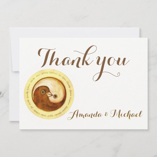 DANK IHNEN WEDD CARD Gold YinYang Doves Harmony Dankeskarte (Vorderseite)