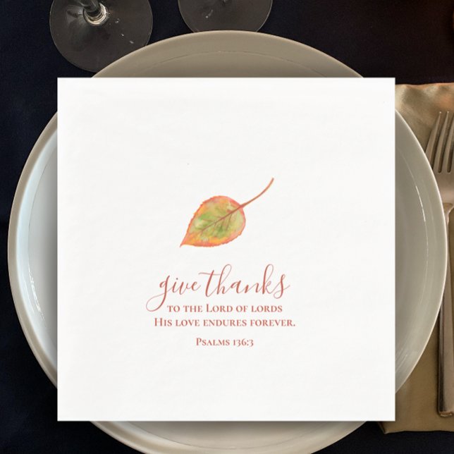 Dank minimalistischer Aquarellfarben-Erntedank Serviette (Give thanks scripture Thanksgiving napkin. Modern minimalist hand painted watercolor leaf.)