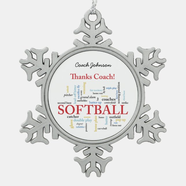 Dank Softball Coach Worte aus Gruppe, Team, Rot Schneeflocken Zinn-Ornament (Vorderseite)