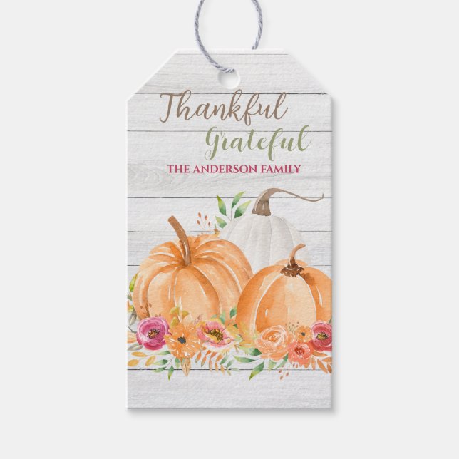 Dankbar | Autumn Fall Pumpkin Watercolor Geschenkanhänger (Vorderseite)