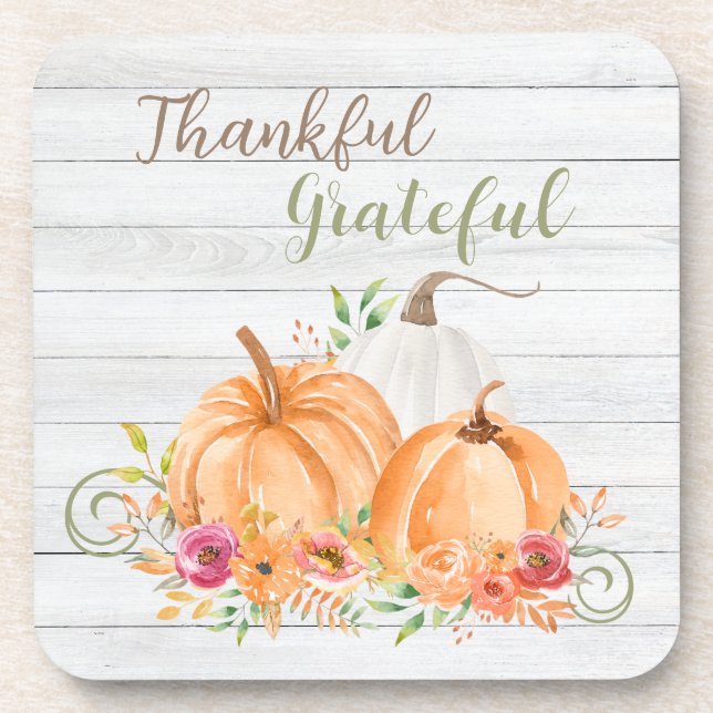 Dankbar | Autumn Fall Pumpkin Watercolor Getränkeuntersetzer (Vorderseite)