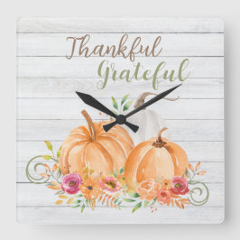 Dankbar | Autumn Fall Pumpkin Watercolor Quadratische Wanduhr