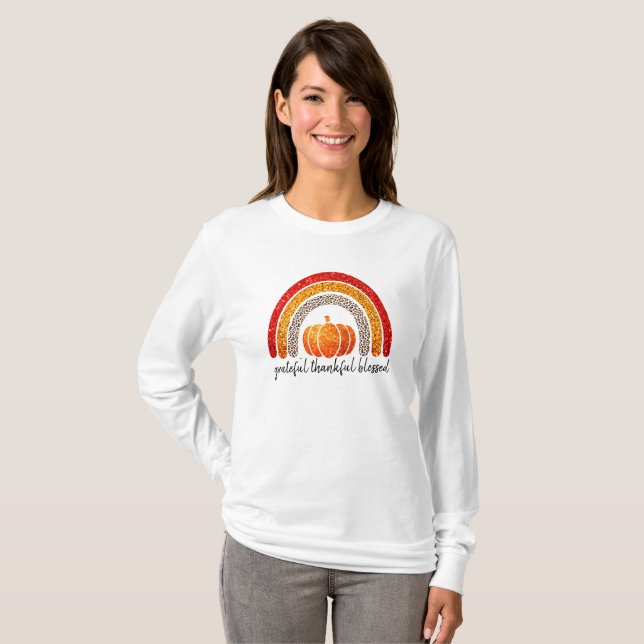 Dankbar, dankbar, gesegnet Erntedank Kürbis T-Shirt (Vorne ganz)