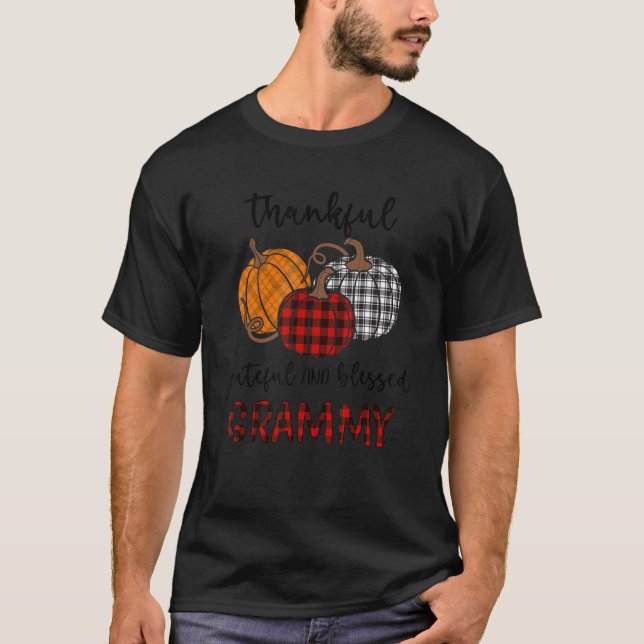 Dankbar, gesegnet Grammy Kariert Thanksgivi T-Shirt (Vorderseite)