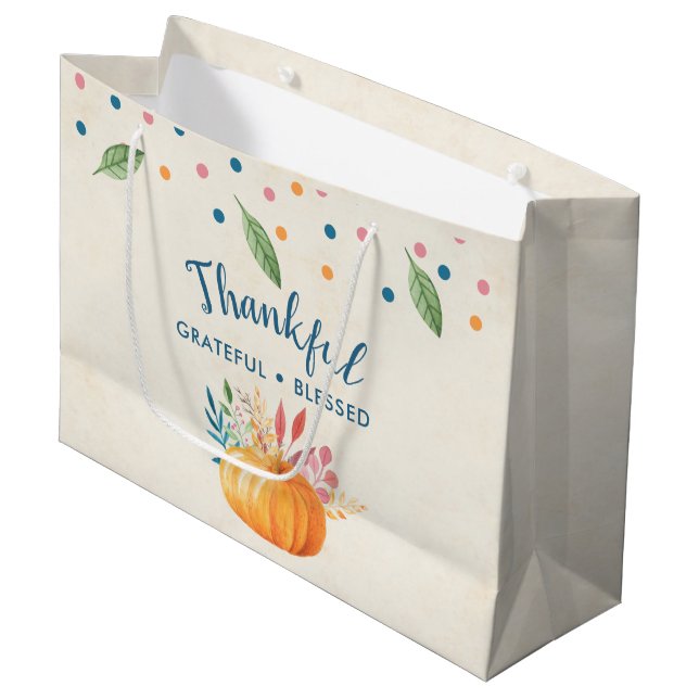 Dankbar, gesegnet mit Orange Pumpkin Große Geschenktüte (Vorderseite Schrägansicht)