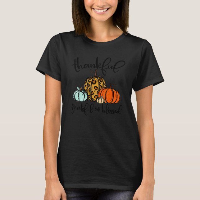 Dankbar, gesegnet Pumpkin Leopard Kariert T-Shirt (Vorderseite)