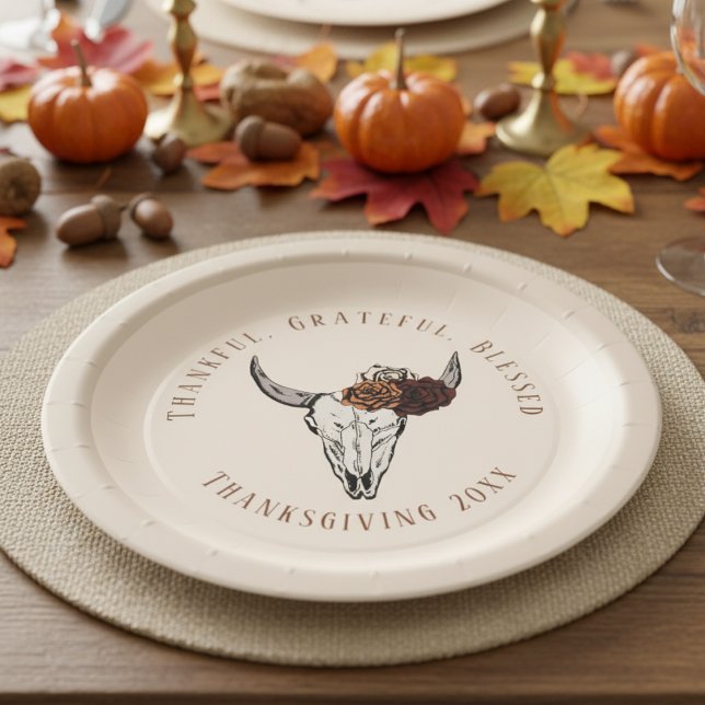 Dankbar, gesegnet Western Erntedank Pappteller (Elegant Country Gothic Fall Floral Cow Skull Thanksgiving Paper Plates. Thankful Grateful Blessed)