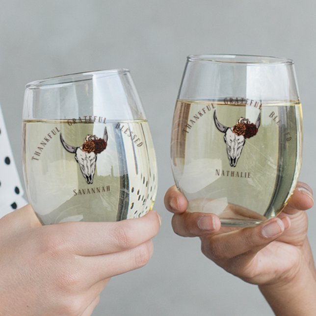 Dankbar, gesegneter Western Freundschaft Weinglas Ohne Stiel (Custom Thankful Grateful Blessed Western Thanksgiving Cow Skull & Roses Wine Glasses. )