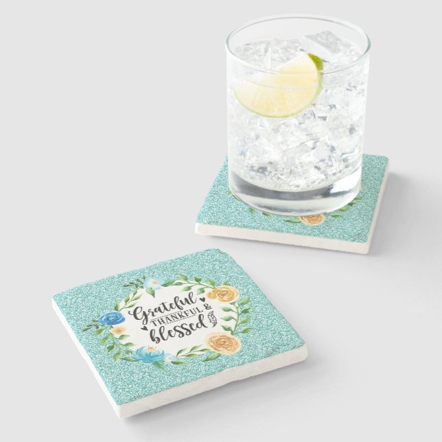 Dankbar Glückwunsch gesegnet floralen Wasserfarben Steinuntersetzer (Seitenansicht)