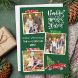 Dankbar Grateful gesegnet Truck Tape Foto Grün Feiertagskarte<br><div class="desc">Modernes Kalligraphie Skript Dankbar Grateful Grateful 3 Foto Collage Holiday Card beinhaltet Handwerk Tape und Watercolor Vintag Red Truck mit Weihnachtsbaum. Grüner Hintergrund des Waldes.</div>
