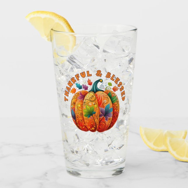 Dankbar und gesegnet Autumn Pumpkin Glas (Vorderseite Ice)