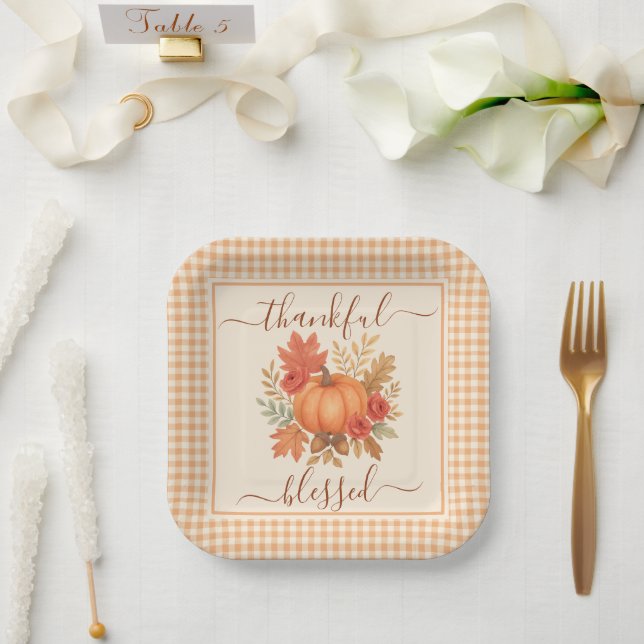 Dankbar und gesegnet Pumpkin | Fall Erntedank Pappteller (Hochzeit)