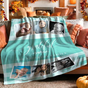 Dankbare Aquamarine Karierte Herbstfamilie 6 FotoC Fleecedecke