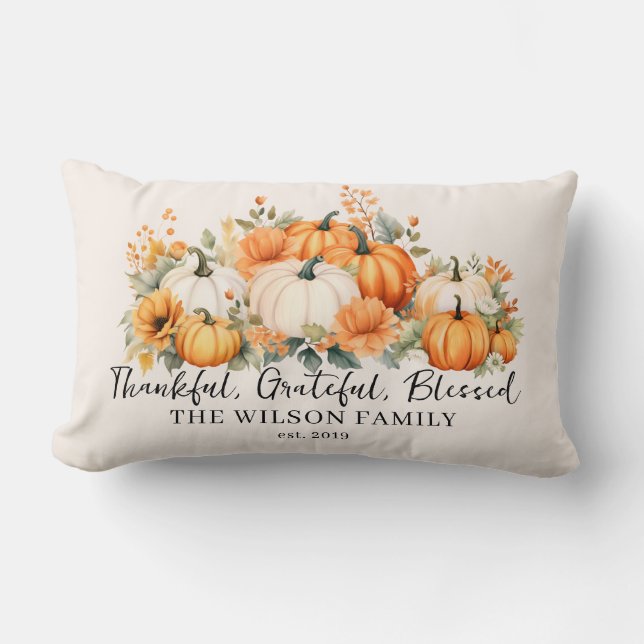 Dankbare Dankbarkeit gesegnet Fall Pumpkin Familie Lendenkissen (Vorderseite)