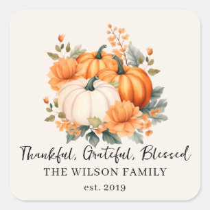 Dankbare Dankbarkeit gesegnet Fall Pumpkin Familie Quadratischer Aufkleber