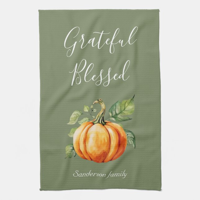 Dankbarer Erntedank Pumpkin Moss Green Geschirrtuch (Vertikal)