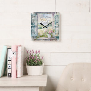 Dankbares Herz-Aquarell-Blumenfenster Quadratische Wanduhr