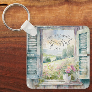 Dankbares Herz-Aquarell-Blumenfenster Schlüsselanhänger