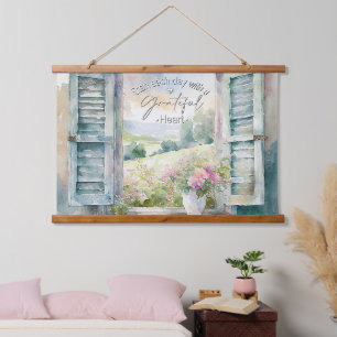 Dankbares Herz-Aquarell-Blumenfenster Wandteppich Mit Holzrahmen
