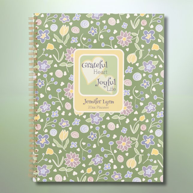 Dankbares Herz Freudvolles Leben Personalisierter  Planer (Grateful Heart Joyful Life Personalized Planner – Floral Green Weekly & Monthly Organizer)