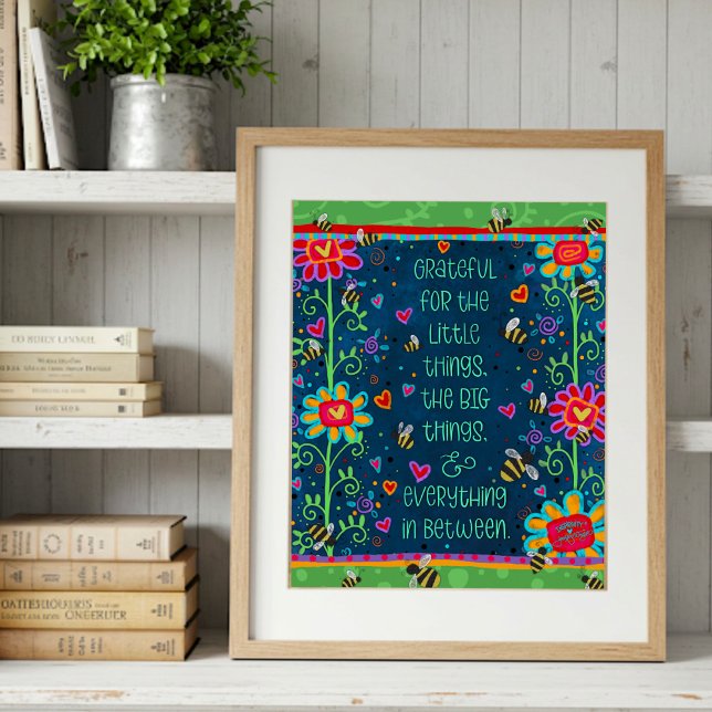 Dankbares Zitat Green Blue Floral Whimsical Art Fotodruck (Von Creator hochgeladen)