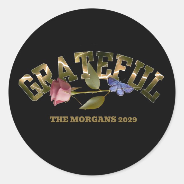 Dankbarkeit Golden Typografy Rose & Butterfly Runder Aufkleber (Vorderseite)