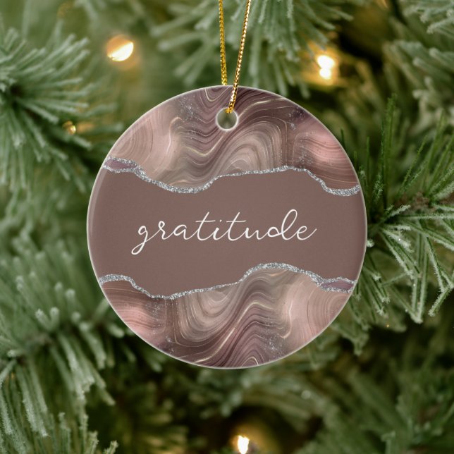 Dankbarkeit Inspiration Word Taupe Silver Agate Keramik Ornament (Baum)