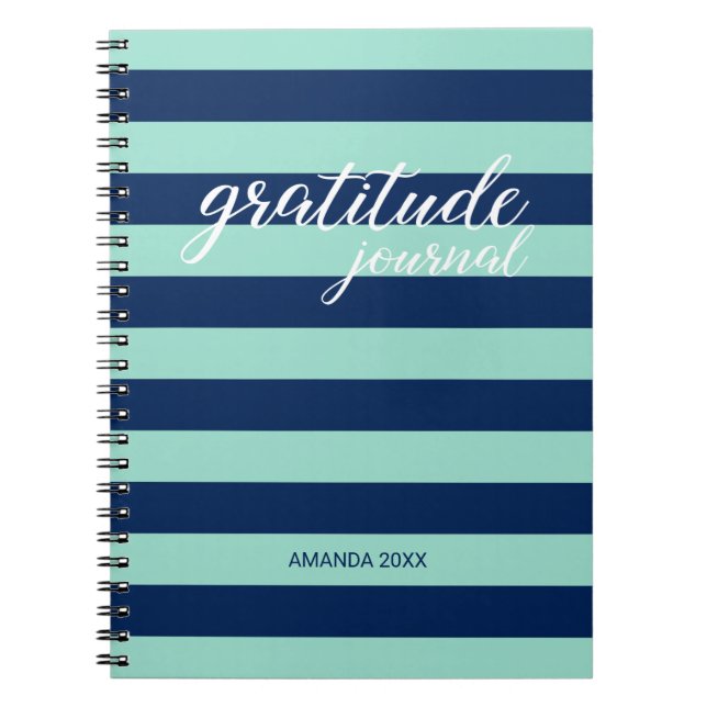 Dankbarkeit Journal Minze Green Navy Stripes Name Notizblock (Vorderseite)