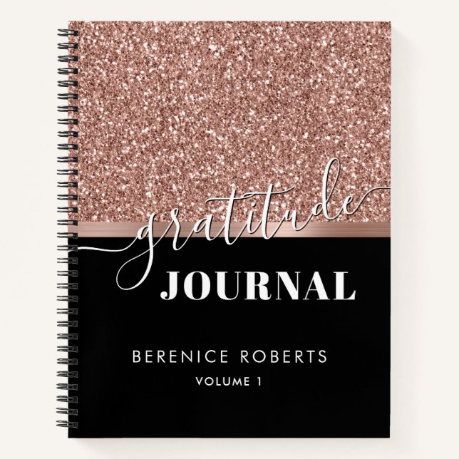 Dankbarkeit Journaling Rose Gold Glitzer Schwarzer Notizbuch (Vorderseite)