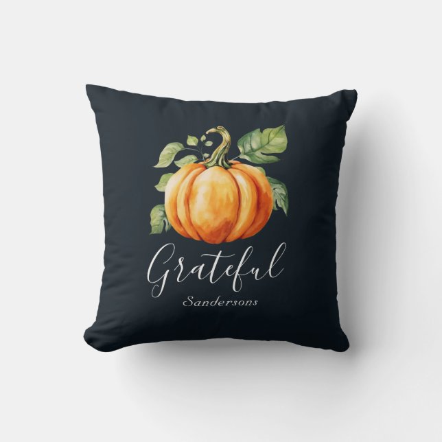 Dankbarkeit Orange Pumpkin Navy Personalisiert Kissen (Vorderseite)