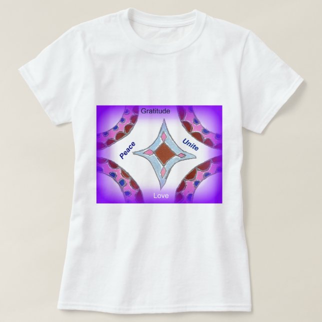 "Dankbarkeit Peace Liebe Unite" Mandala Art Print T-Shirt (Design vorne)