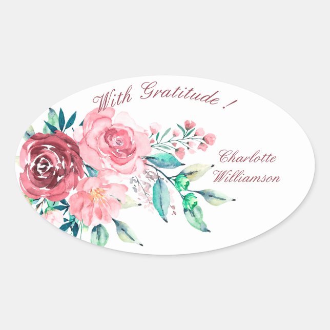 Dankbarkeit Rot und Rosa Rosen Blume Spray Ovaler Aufkleber (Vorderseite)