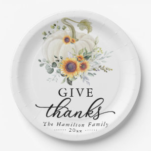 Dankbarkeitssonnenblumen Weiße Kürbis Thanksgiving Pappteller
