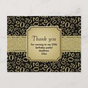 Danke 20. Geburtstag Zahlen Muster Schwarz/Gold Postkarte